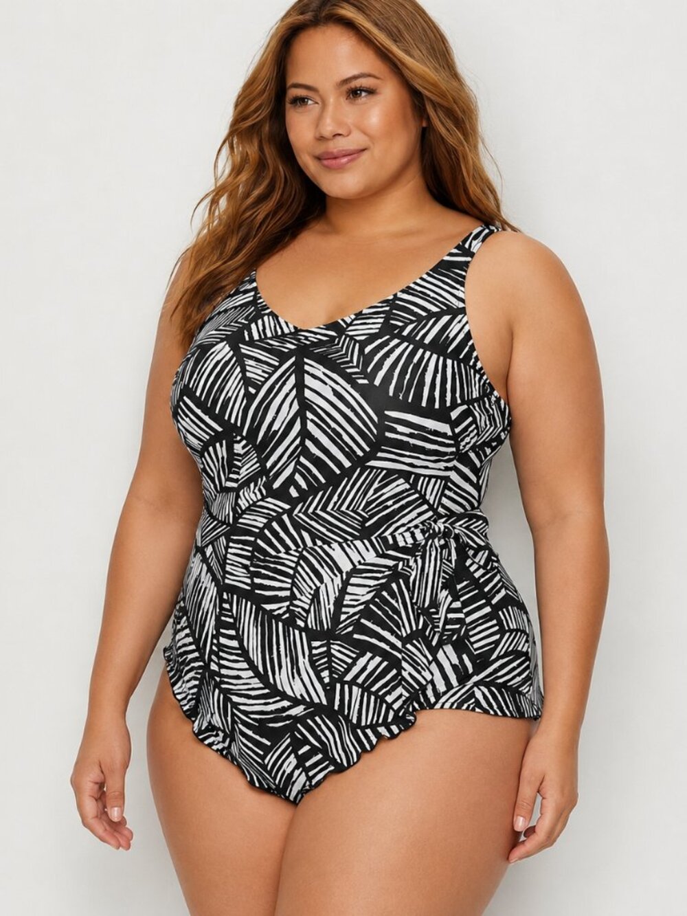 Maxine Of Hollywood Size 12 Sarong One Piece Swimsuit Palm Print